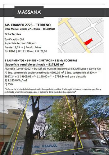 Terreno en venta en Av. Cramer al 2700 m2 vendibles 5290m2 + cocheras, Belgrano, CABA