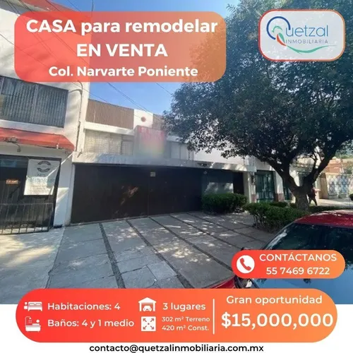 Casa en venta en Narvarte Poniente, Narvarte Poniente, Narvarte, Benito Juárez, Ciudad de México