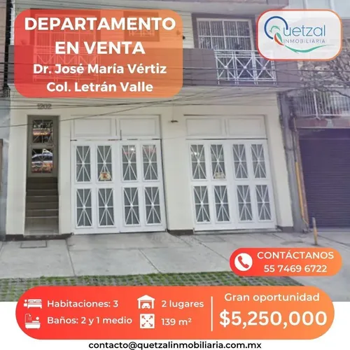 Departamento en venta en Dr. Vertiz, Letrán Valle, Benito Juárez, Ciudad de México